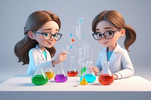 Illustratation of isolated two girls study chemistry on white