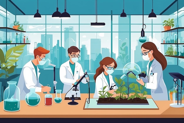 Illustrate a biology lab with students conducting experiments on the impact of climate change on biodiversity vector illustration in flat style