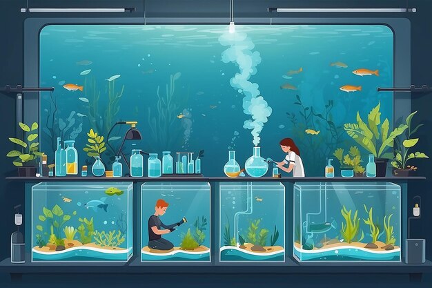 Illustrate a biology lab with students conducting experiments on the impact of pollution on aquatic ecosystems vector illustration in flat style