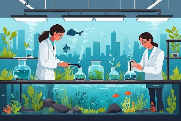 Illustrate a biology lab with students conducting experiments on the impact of pollution on aquatic ecosystems vector illustration in flat style