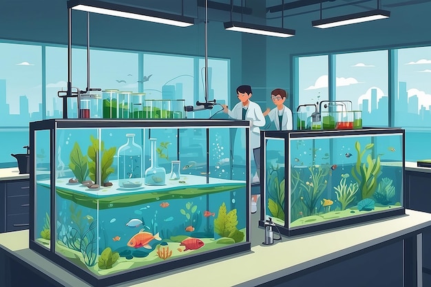 Illustrate a biology lab with students conducting experiments on the impact of pollution on aquatic ecosystems vector illustration in flat style