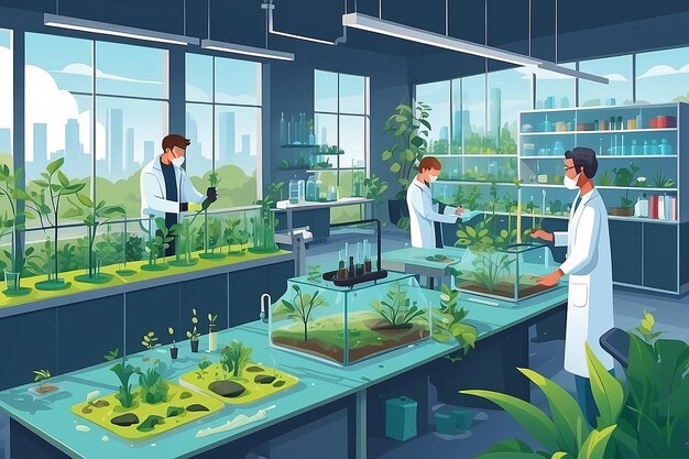 Illustrate a biology lab with students conducting experiments on the impact of pollution on plant life vector illustration in flat style