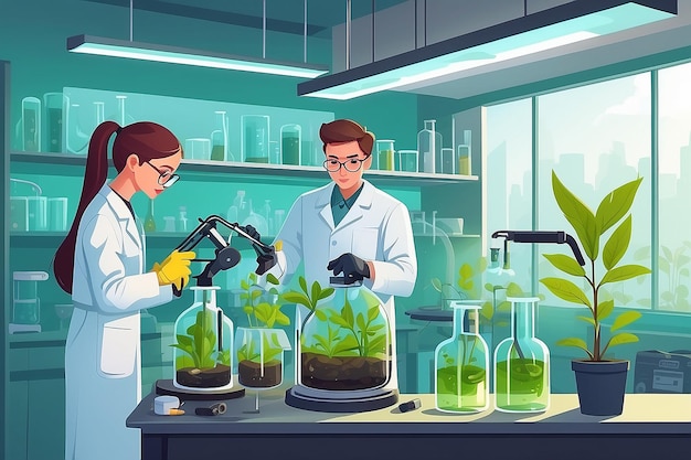 Illustrate a biology lab with students conducting experiments on the impact of pollution on plant life vector illustration in flat style