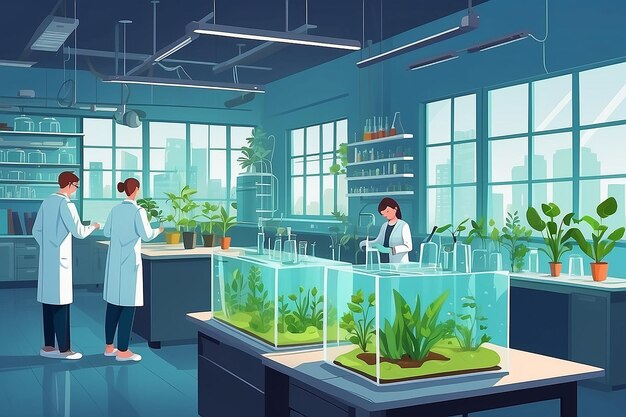 Illustrate a biology lab with students conducting experiments on the impact of pollution on plant life vector illustration in flat style