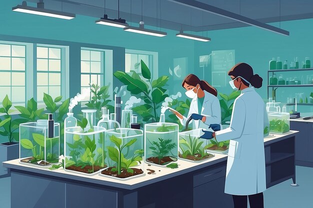 Illustrate a biology lab with students conducting experiments on the impact of pollution on plant life vector illustration in flat style