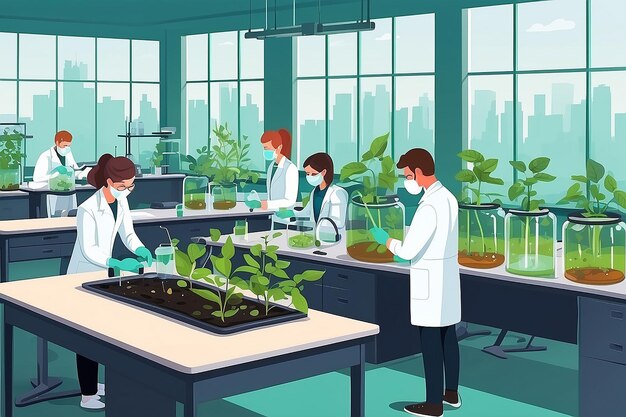 Illustrate a biology lab with students conducting experiments on the impact of pollution on plant life vector illustration in flat style