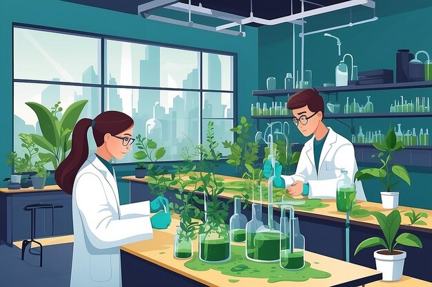 Illustrate a biology lab with students conducting experiments on the impact of pollution on plant life vector illustration in flat style