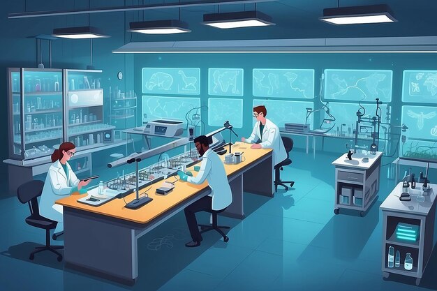 Illustrate a biology lab with students studying genetic engineering and CRISPR technology vector illustration in flat style