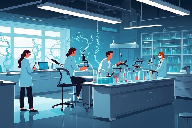 Illustrate a biology lab with students studying genetic engineering and CRISPR technology vector illustration in flat style