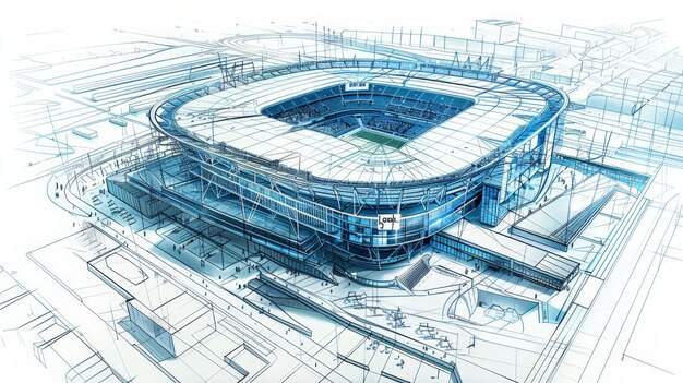 Photo illustrate a detailed sketch of a modern stadium highlighting its seating arrangement roof structure and surrounding amenities