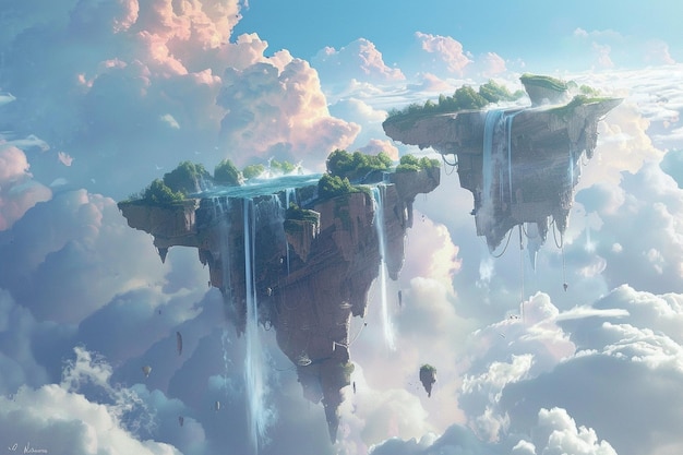 Illustrate a dreamy cloudscape with floating islan generative ai