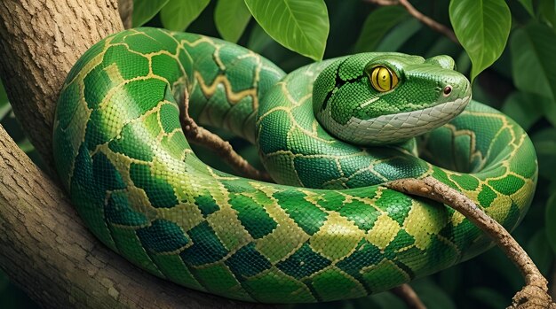 Illustrate an Emerald Tree Boa coiled around a tree branch its iridescent green scales shimmering