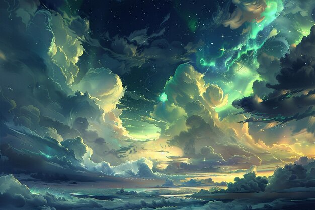 Illustrate an ethereal cloudscape with shimmering generative ai