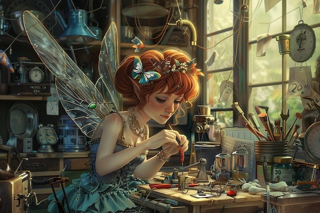 Illustrate a fairy using her magic to fix broken o generative ai