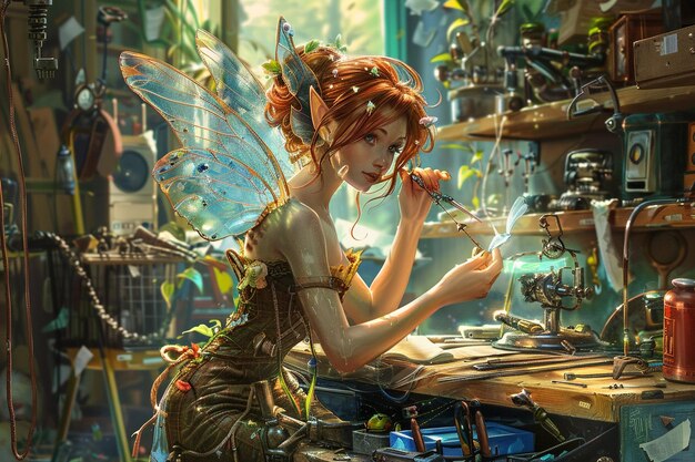 Illustrate a fairy using her magic to fix broken o generative ai