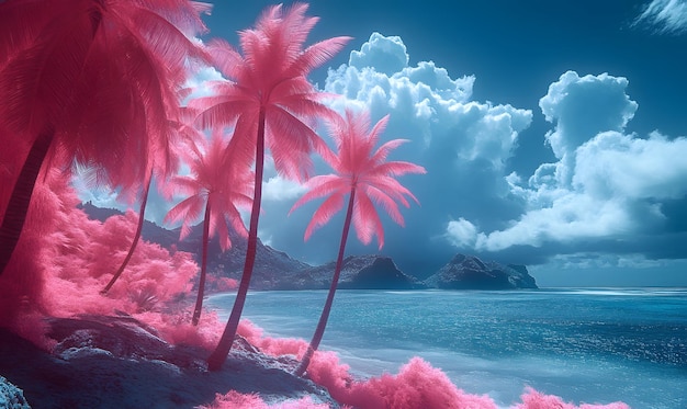 Illustrate a fantastical tropical island scene where the infrared colors turn palm trees