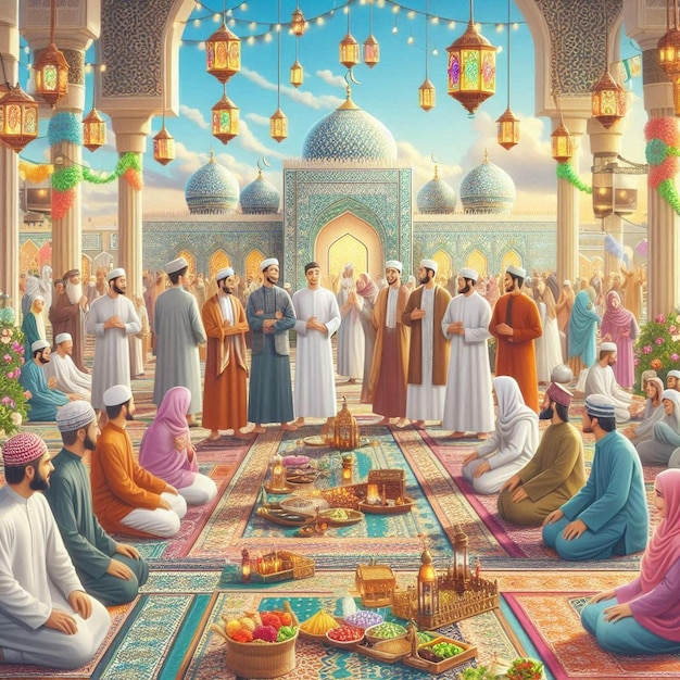 Illustrate a festive Eid AlAdha scene with a diverse group of people celebrating