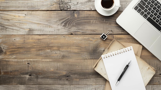 Photo illustrate a flat lay top view scene of a workfromhome desk setup featuring a laptop blank notepad coffee cup and pen on a wooden table ai generated