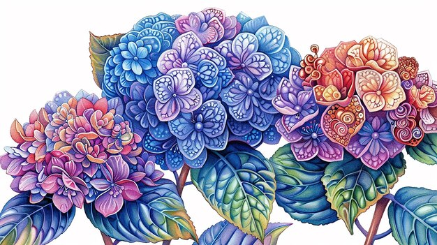 Photo illustrate of hydrangeas their large clustered blooms framed by intricate zentangle figures