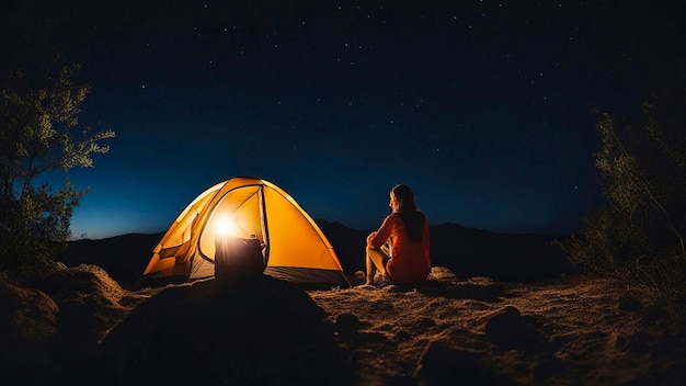 Illustrate the magic of a female hiker by a crackling campfire