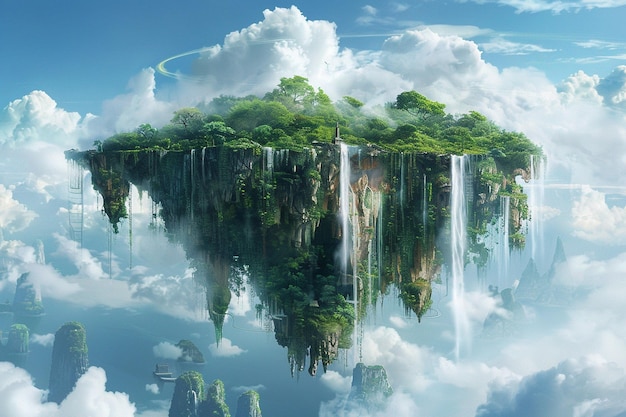 Illustrate a majestic floating island adorned with generative ai