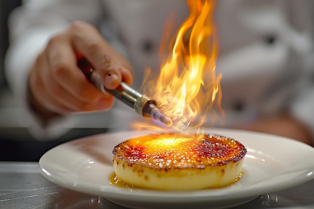 Illustrate the moment a chef torches the sugar top generative ai