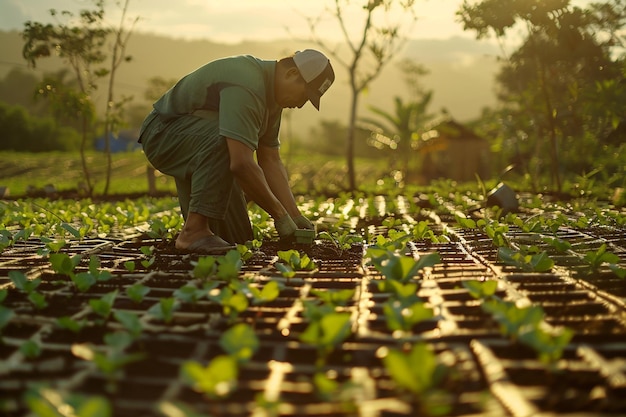 Illustrate the moment a farmer uses a specialized generative ai