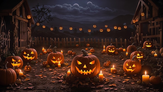 Illustrate pumpkin patch with carved pumpkins pumpkins for halloween Generative AI