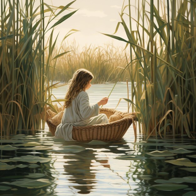 Illustrate in a reed basket hidden among the tall grass along the river bank