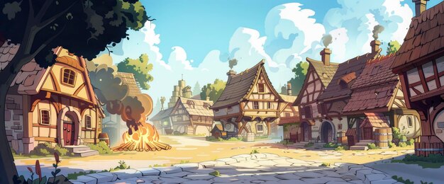 Illustrate A Scene From A Medieval Village Cartoon style