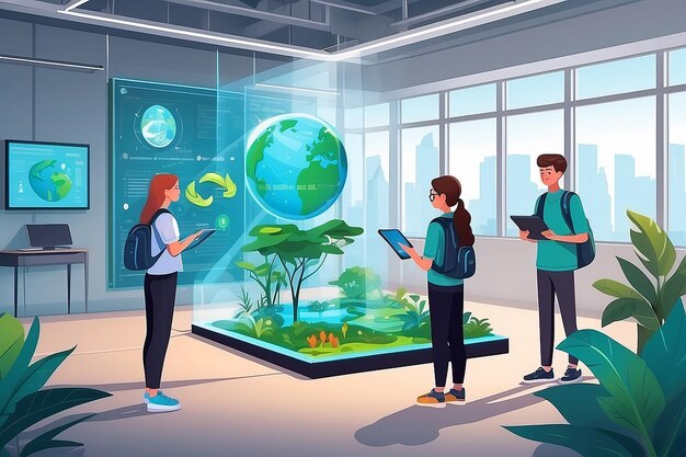 Photo illustrate a scene of students using holographic displays to simulate environmental conservation efforts vector illustration in flat style