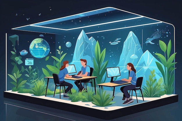 Illustrate a scene of students using holographic displays to simulate environmental conservation efforts vector illustration in flat style