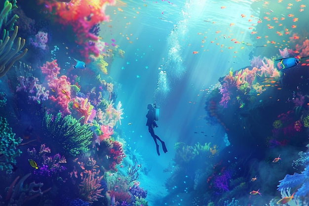 Illustrate the scene of the underwater explorer fl generative ai