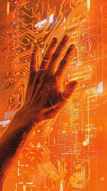 Illustrate a scene where a hand taps on an orange digital screen that morphs into technological