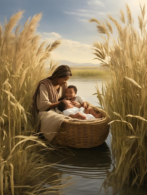 Illustrate the scene where Jochebed places baby Moses in the reed basket