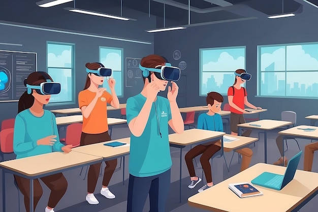 Illustrate a scene with students using VR simulations to explore the human respiratory system vector illustration in flat style