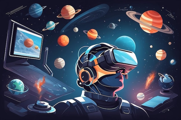 Illustrate a scene with students using VR simulations to study the effects of space travel on the human body vector illustration in flat style