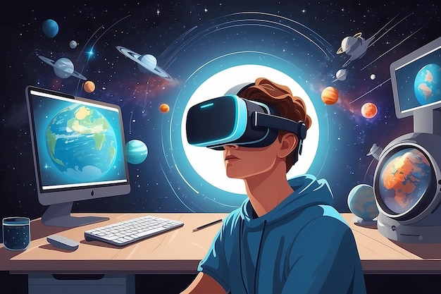 Illustrate a scene with students using VR simulations to study the effects of space travel on the human body vector illustration in flat style