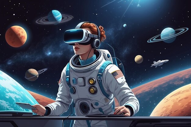 Illustrate a scene with students using VR simulations to study the effects of space travel on the human body vector illustration in flat style