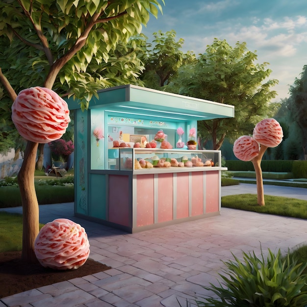 Illustrate a secret garden where ice cream trees bloom with flavors like strawberry swirl and mint