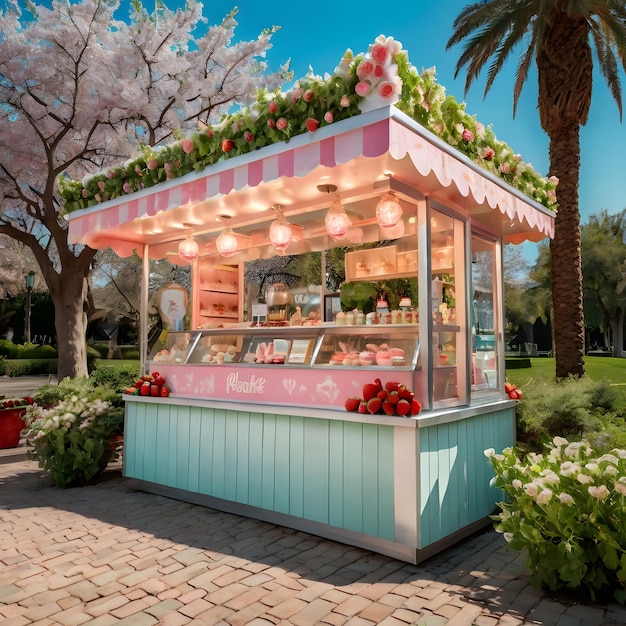 Illustrate a secret garden where ice cream trees bloom with flavors like strawberry swirl and mint