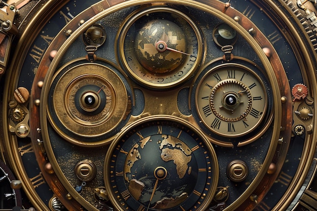 Illustrate a steampunk timepiece with multiple dia generative ai