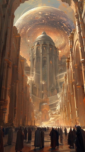 Illustrate a surreal dreamscape where worshippers gather beneath a towering dome