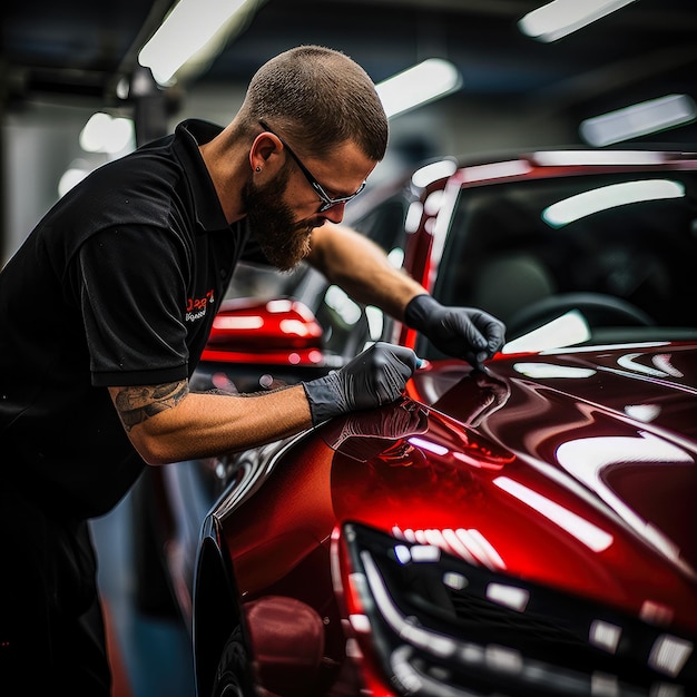 Photo illustrate a technician applying a paint sealant to a luxury sedan focusing on the handson process and the protective layer being added for a longlasting