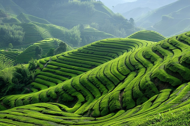 Illustrate the terraced landscape of the tea plant generative ai