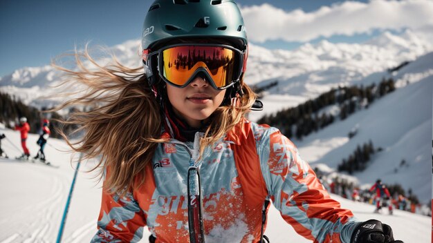 Illustrate the thrill of downhill skiing with a stunning photo of a female athlete on her race skis