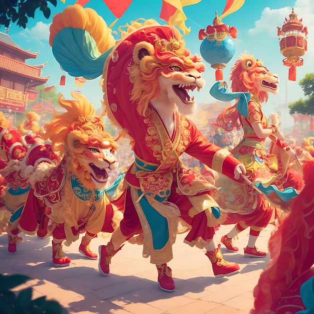 Illustrate a vibrant parade scene filled with lion dancers dragon dancers musicians