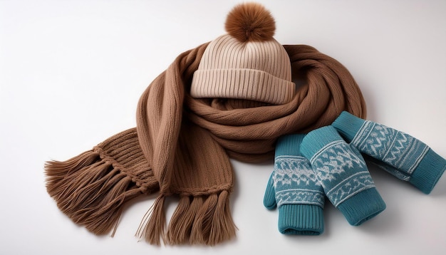 Illustrate winter clothing items like a scarf gloves and beanie on a white background