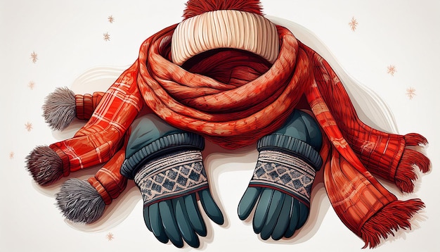 Illustrate winter clothing items like a scarf gloves and beanie on a white background