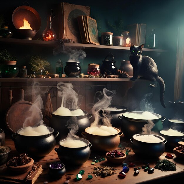 Photo illustrate a witchs kitchen filled with bubbling cauldrons magical ingredients and a black cat p